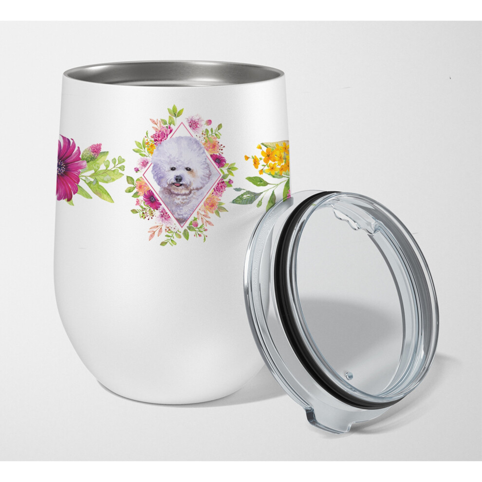 ""Caroline's Treasures Bichon Fris #2 Roze Bloemen Roestvrijstalen 12 Oz Steelloos Wijnglas, Reis-Isolerend, Multicolor""-image