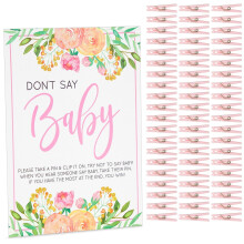 Blumen-Babyparty-Wscheklammerspiel fr Mdchen zum Thema Don't Say Baby mit 60 rosa Wscheklammern und 20 x 25 cm groem Schild