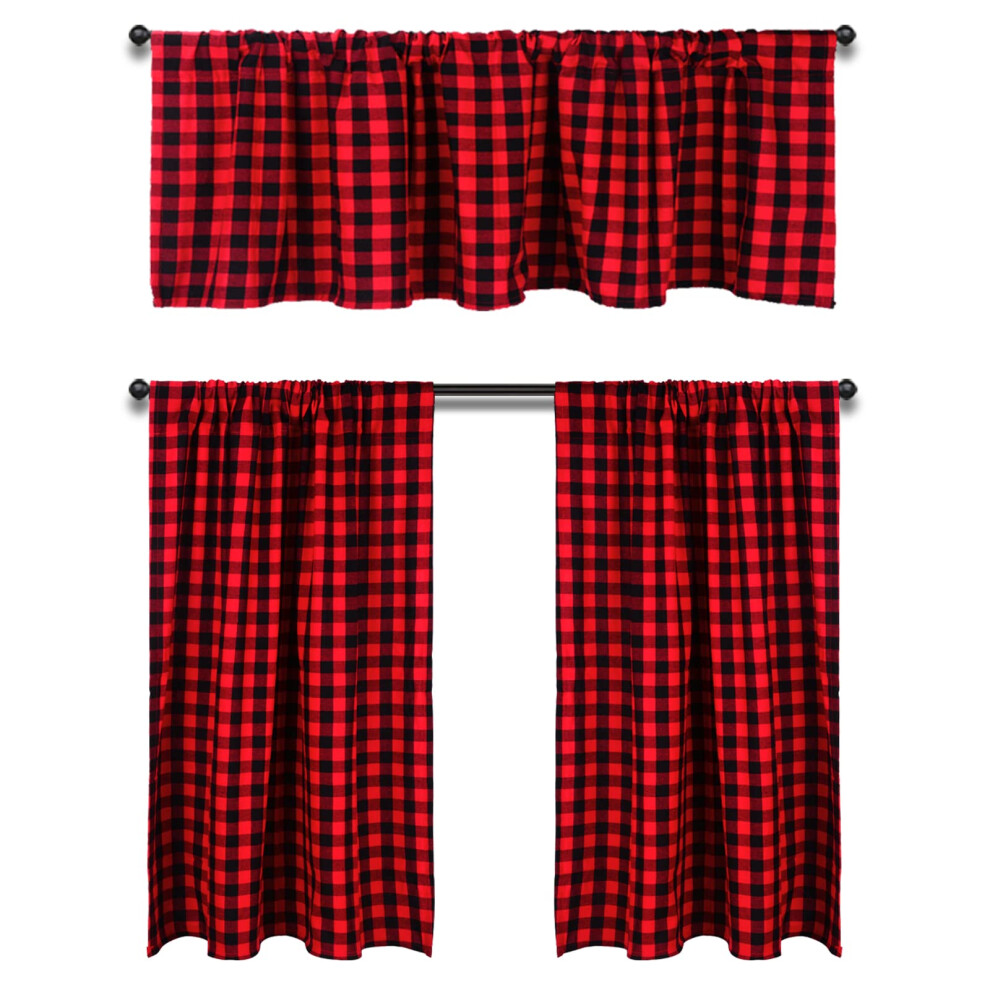Htfdstar Valance Curtain Set 3Pcs Cotton Buffalo Plaid Farmhouse Kitchen Curtains 58Wx15l 29Wx36l