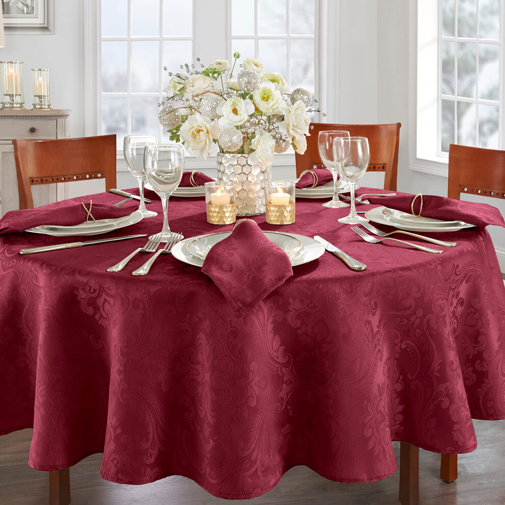 Elrene Home Fashions Caiden Elegance Damask Fabric Tablecloth 90"""" Round Cranberry
