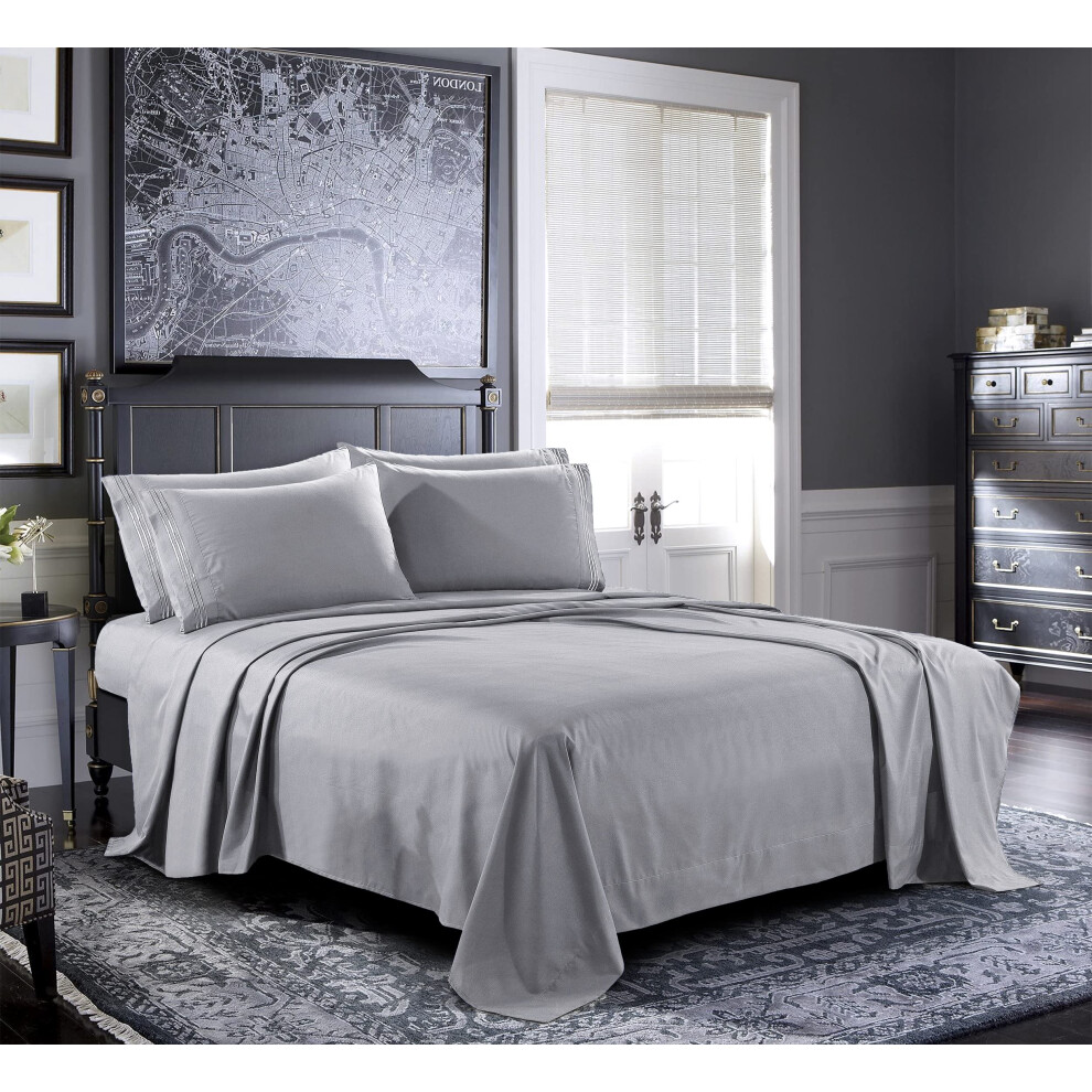 Parure de lit Pure Bedding - Parure de lit king size 6 pi   ces - Gris clair - Microfibre bross   e 1800 de luxe - Douce et respirante - Drap-housse