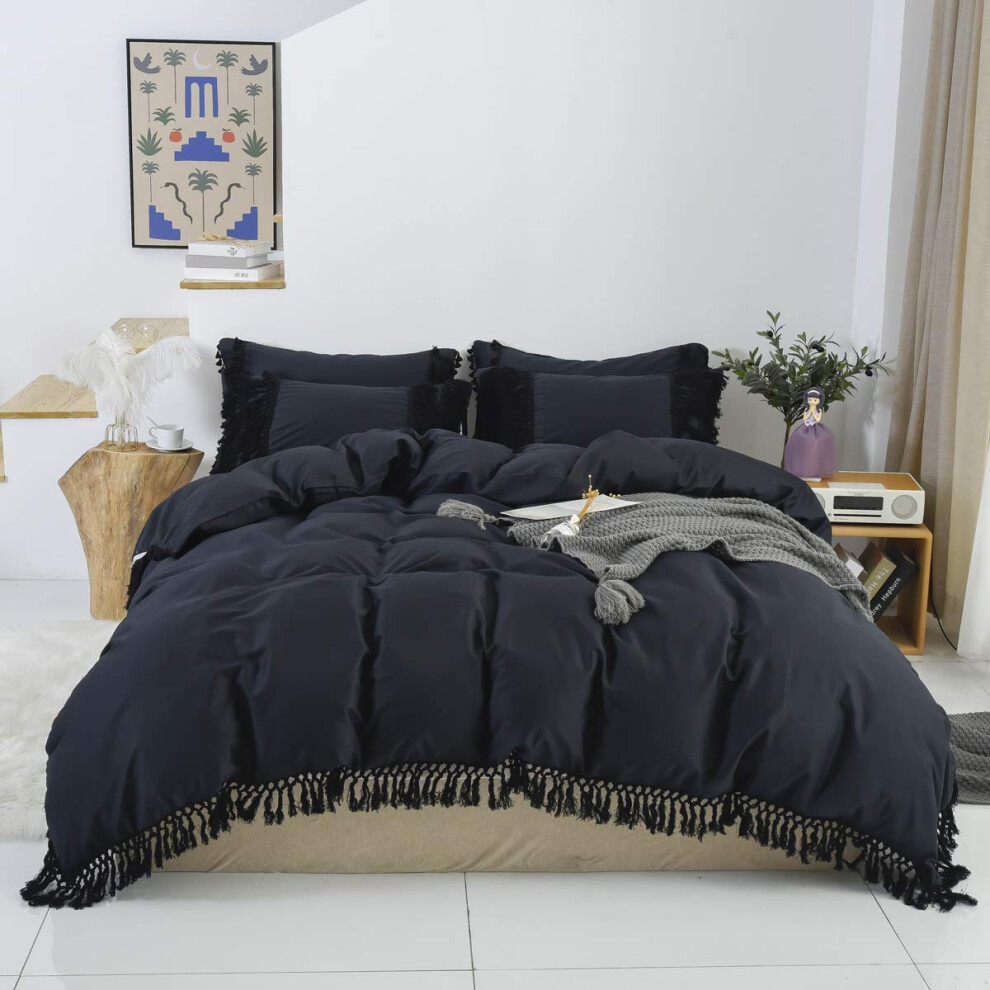 Housse de couette noire Softta Queen 3 pi   ces Boho Bedding     volants et pompons Farmhouse Housses de couette     franges 100 % pur coton