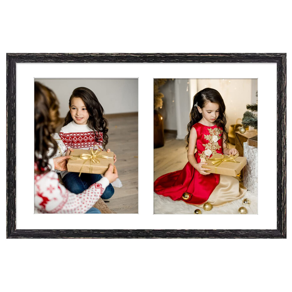 Golden State Art 12X19 Verweerde Zwarte Houten Lijst Met Witte Passe-Partout - Toont Twee 8X10 Foto's - Echte Glazen Zaagtandhanger Met Draaibare Lipj-image