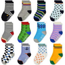 12 Paar rutschfeste Socken f   r Kleinkinder mit Noppen, rutschfeste Unterseite, kn   chelhohe Baumwollsocken f   r Jungen und M   dchen (5   7 Jahre)