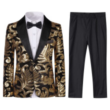Costum smoking baie?i rochie la moda stralucitoare 2 piese blazer pantaloni paiete guler ?al auriu