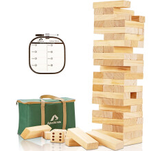 ApudArmis Giant Tumble Tower (stapelbaar tot 1,3 meter) 54-delige stapelbare houten grenenhouten set met 1 dobbelsteen - Klassiek blokkenspel voor bui