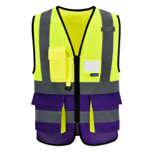 Colete de segurana reflexivo A-SAFETY Hi Vis 9 bolsos Colete de segurana frontal com zper de alta visibilidade Amarelo e roxo cor misturada L