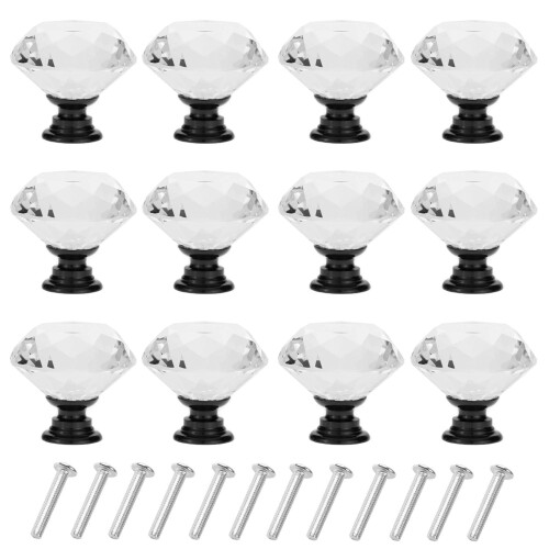 YourGift 12 Pack Drawer Knobs Diamond Shaped Crystal Glass 30mm Cabinet Knobs Pull Handles Black