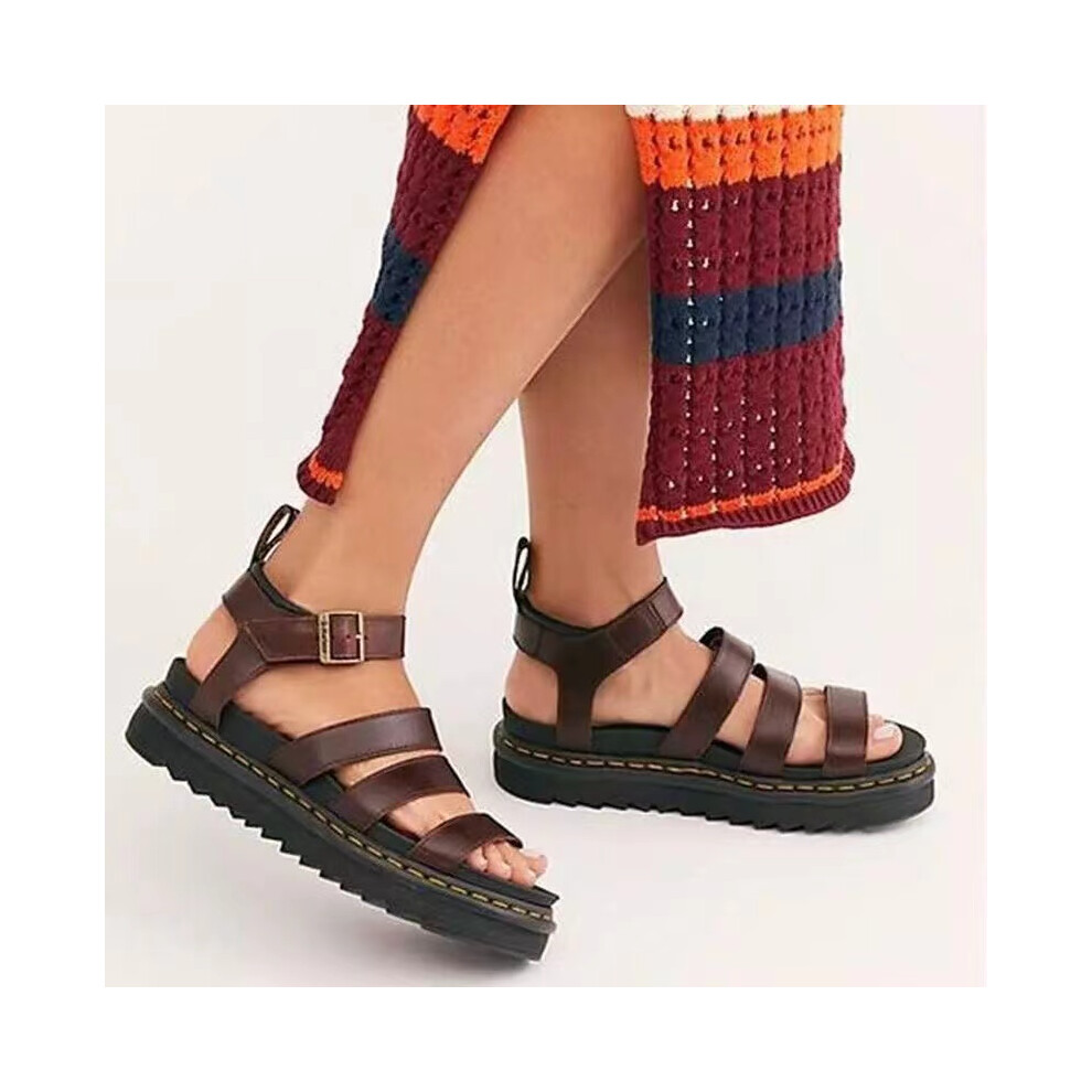 (38, Red-brown) 2025 UK Womens Chunky Sandals Thick Sole Strappy Block Flatforms Shoes Summer