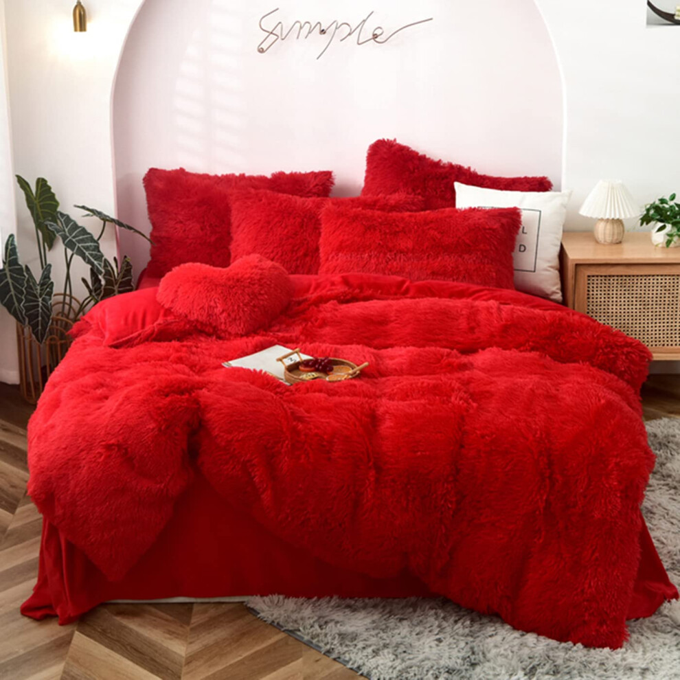 Parure de lit 5 pi  ces MorroMorn avec housse de couette    poils longs et fausse fourrure ultra douce (King size rouge/King size californien)