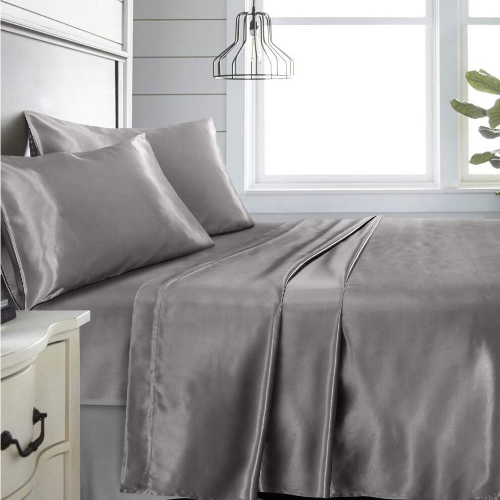 Parure de lit Niagara gris 4 pi   ces, drap-housse en satin soyeux et lisse, avec poche profonde et 2 taies d'oreiller, infroissable, r   sistant aux
