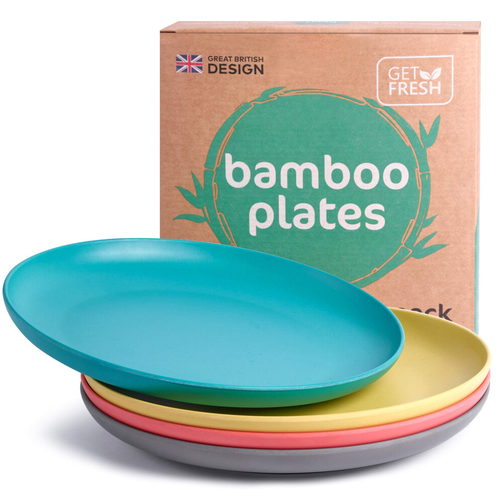 gET FRESH Bamboo Kids Plates Set - 4-pack Reusable Bamboo Dinner Plates for Kids and Toddlers - colorful Bamboo Fiber childrens Dinnerware Set - Kids