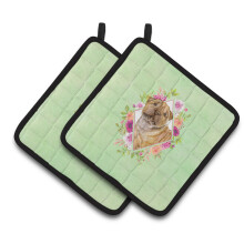 Caroline's Treasures CK4341PTHD Shar Pei Green Flowers Pair of Pot Holders potholders Multicolor