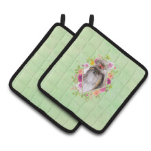 Caroline's Treasures CK4344PTHD Shih Tzu Green Flowers Pair of Pot Holders potholders Multicolor