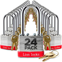 Lion Locks 24 Cadeados com Chave Igual, 2 Gancho Longo, 48 Chaves, Aço Endurecido, Resistente a Arrombamento (24-Pack)