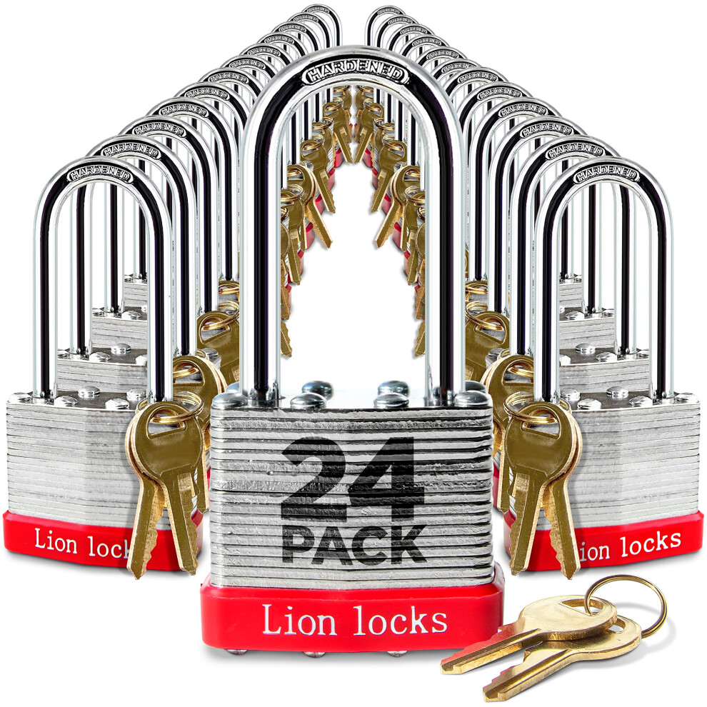 Lion Locks 24 Keyed-Alike Padlocks w/ 2 Long Shackle  48 Keys  Hardened Steel Case  Pick Resistant Brass Pin Cylinder 24-Pack for Hasp Latch  Shed  Fe-image-OPC-PF5VJKV-NEW