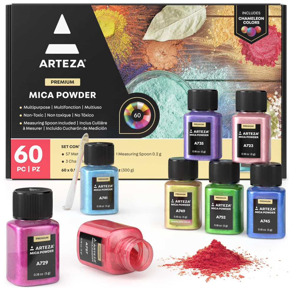 Arteza Mica Powder  Set of 60 Colors x 0.18 oz Jars  Craft Supplies for Paint  Epoxy Resin  Candle Making & DIY Crafts
