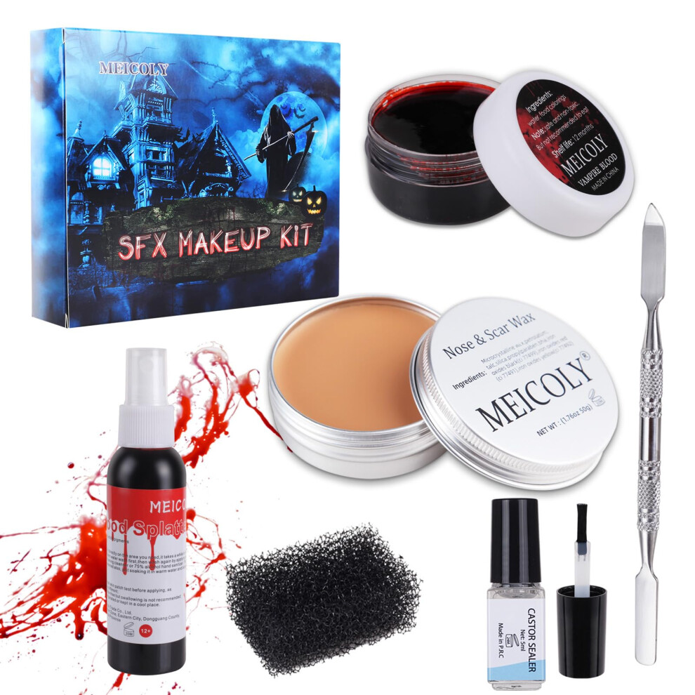 Meicoly Sfx Makeup Kit Scars Wax Fake Blood Spray2.1oz Halloween Special Effect Wound Modeling Skin Wax1.67oz With Spatula Stipple Sponge Coa Black
