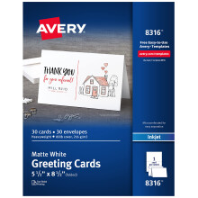 Tarjetas de saludo Avery de medio pliegue, inyección de tinta, 5.5 x 8.5, blanco mate, caja de 30, incluye sobres (8316)