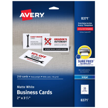 Avery bedruckbare Visitenkarten mit Sure Feed-Technologie, 2 x 3,5 Zoll, wei , 250 Blankokarten f r Tintenstrahldrucker (08371)