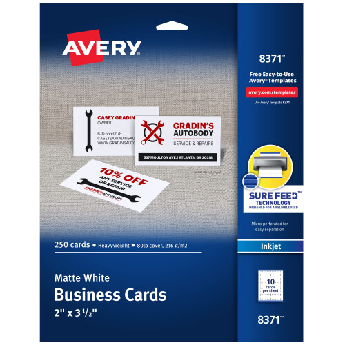 Avery Εκτυπώσιμες Επαγγελματικές Κάρτες 2" x 3.5", Λευκό, 250 Κενές Κάρτες για Inkjet (08371)