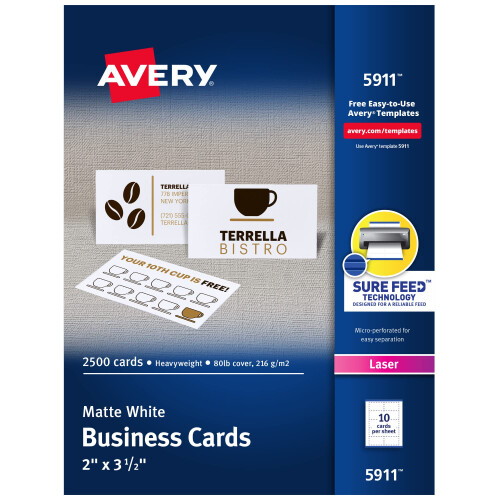 Avery Εκτυπώσιμες Κάρτες Επιχειρήσεων 2" x 3.5", Λευκές, 2,500 Κενές Κάρτες