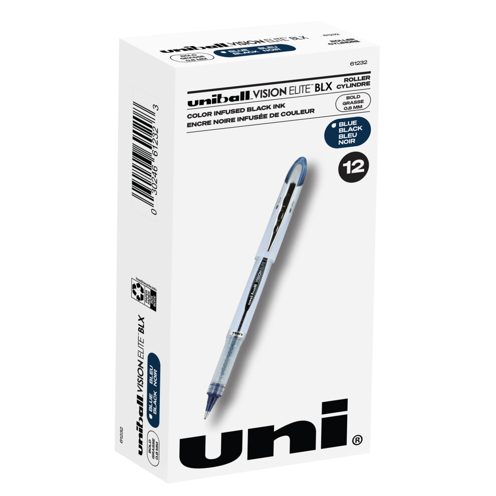 uni-ball Vision Elite BLX Infusion Rollerball Pens Bold Point  0.8mm  Blue/Black  12 Pack