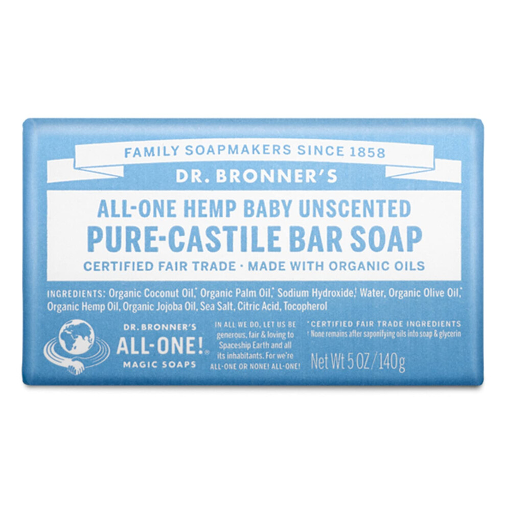 Dr. Bronner's - Pure-Castile Bar Soap (Baby Unscented  5 ounce) - Made with Organic Oils  For Face  Body and Hair  Gentle for Sensitive Skin and Babie