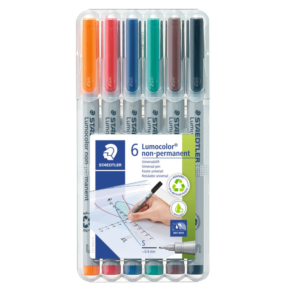 Staedtler Lumograph Non-Permanent Wet Erase Marker Pen  Extra Fine Tip  Low Odor Colored Markers  6-Pack Assorted Colors  311-WP6