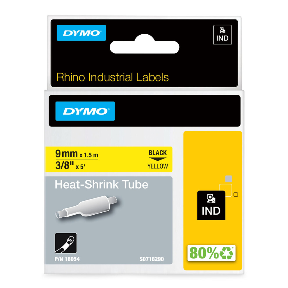 DYMO Industrial Heat Shrink Tubes for DYMO Industrial RhinoPro Label Makers  Black on Yellow  3/8""""  (18054)