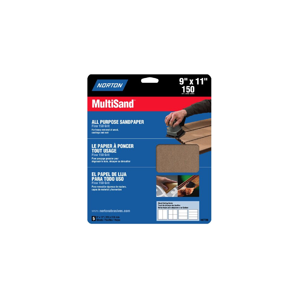 Norton 47720 Multi-Sand Sandpaper 150 grit  9-Inch x 11-Inch  5-Pack