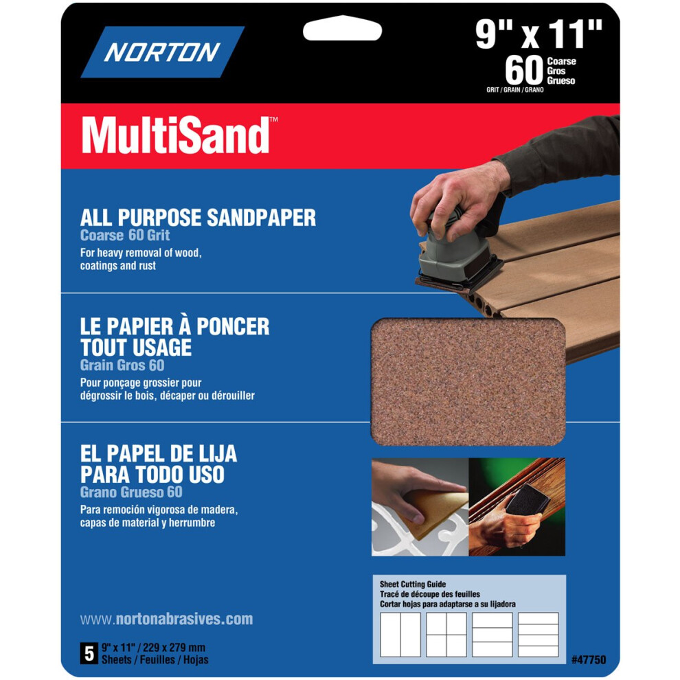 Norton 47750 Multisand Sandpaper 60 Grit  9-Inch x 11-Inch  3-Pack