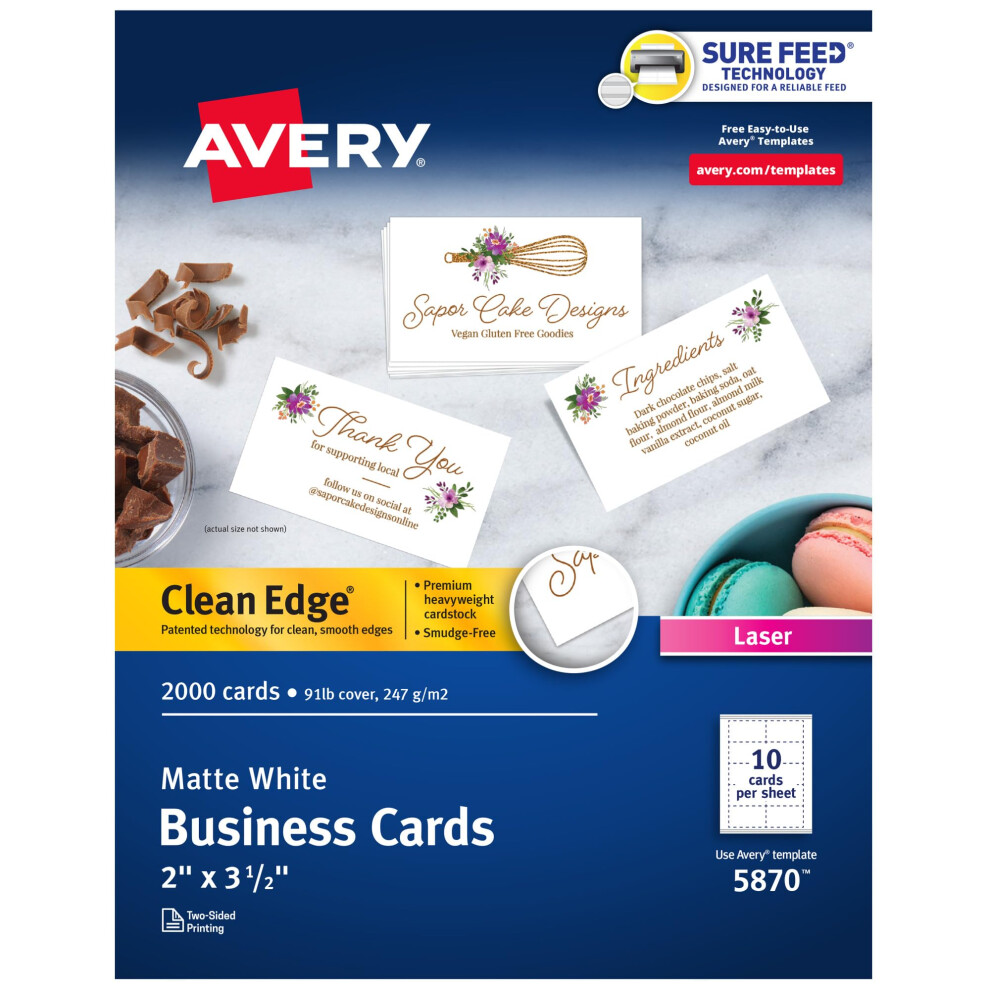 Photos - Envelope / Postcard Avery Clean Edge Printable Business Cards with Sure Feed Technology 2"""""""" x 3.5"""""""" White 2 000 Blank Cards for Lase