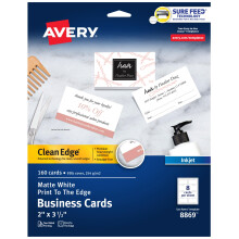 Tulostettavat Avery Clean Edge -käyntikortit Sure Feed -tekniikalla 2"""" x 3,5"" valkoiset 160 tyhjät kortit mustesuihkutulostimille (8869)