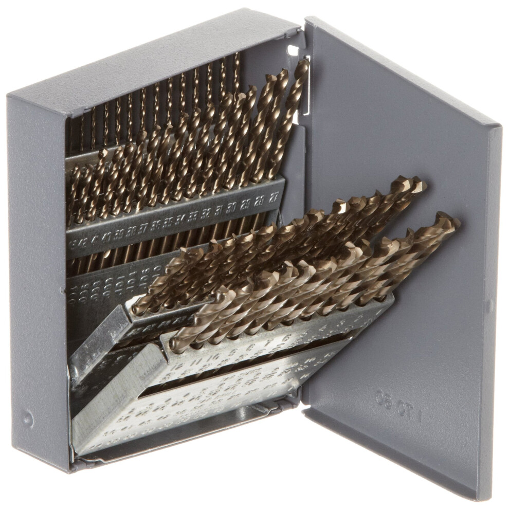 Chicago Latrobe 1U202 550 Series Cobalt Steel Jobber Length Drill Bit Set With Metal Case Gold Oxide Finish 135 Degree Split Point Wire Size 60-Pi 662355578537