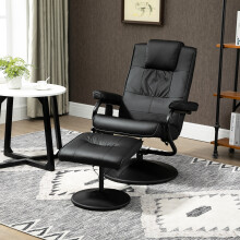 HOMCOM 10-Point Massage Recliner Chair & Cushioned Ottoman, Black - 145 Recline, 360 Swivel, Remote, PU Leather (700-037V71BK)