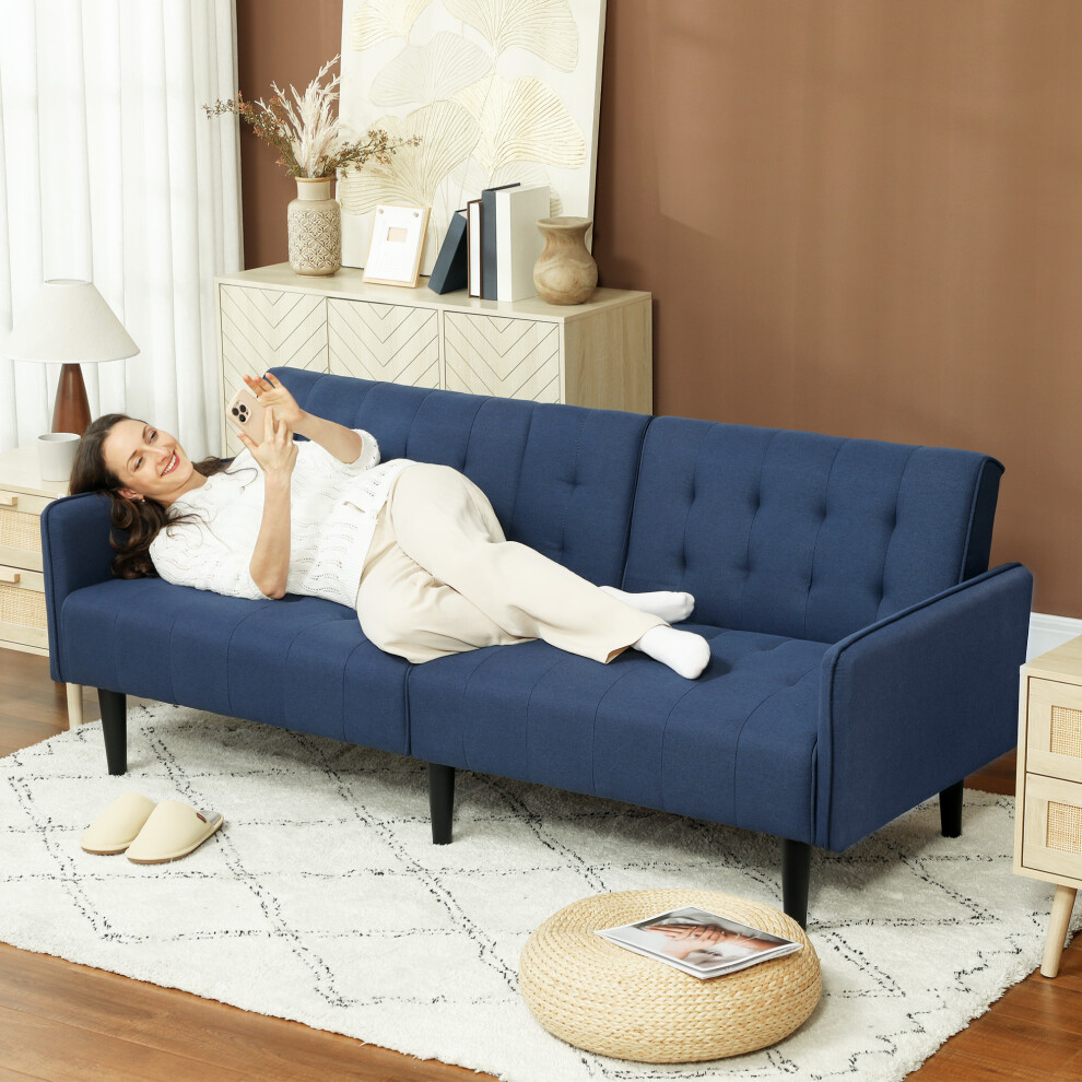 (Blue) HOMCOM Upholstered Sofa bed 3 Seater Home Theater with Storage