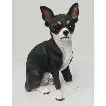 CHIHUAHUA Black White Dog Sits FIGURINE Resin DF06A