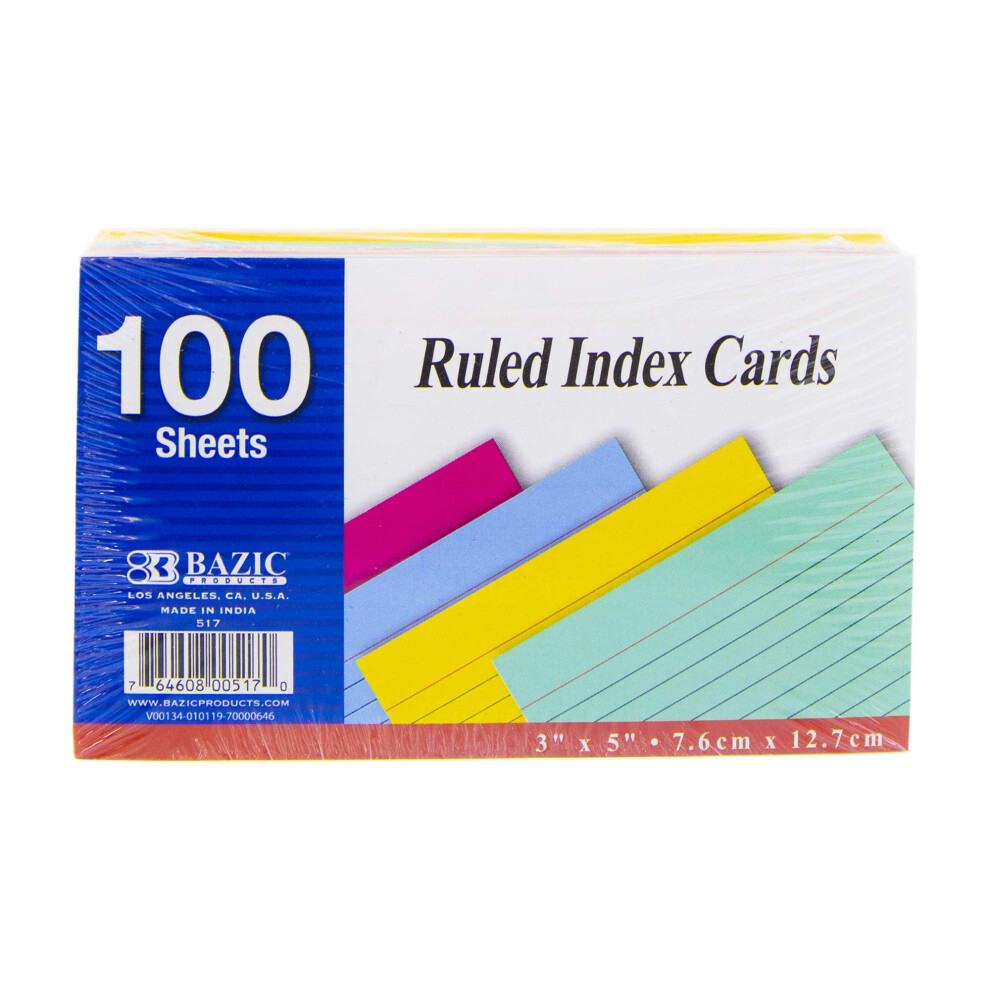 BAZIC Ruled Index Cards 3"""" X 5"""" 100 Count  Assorted Color Flashcards  Ruled Lined Card for Learning Memory Reminder (100/Pack)  1-Pack-image-OPC-PFNBC5T-NEW