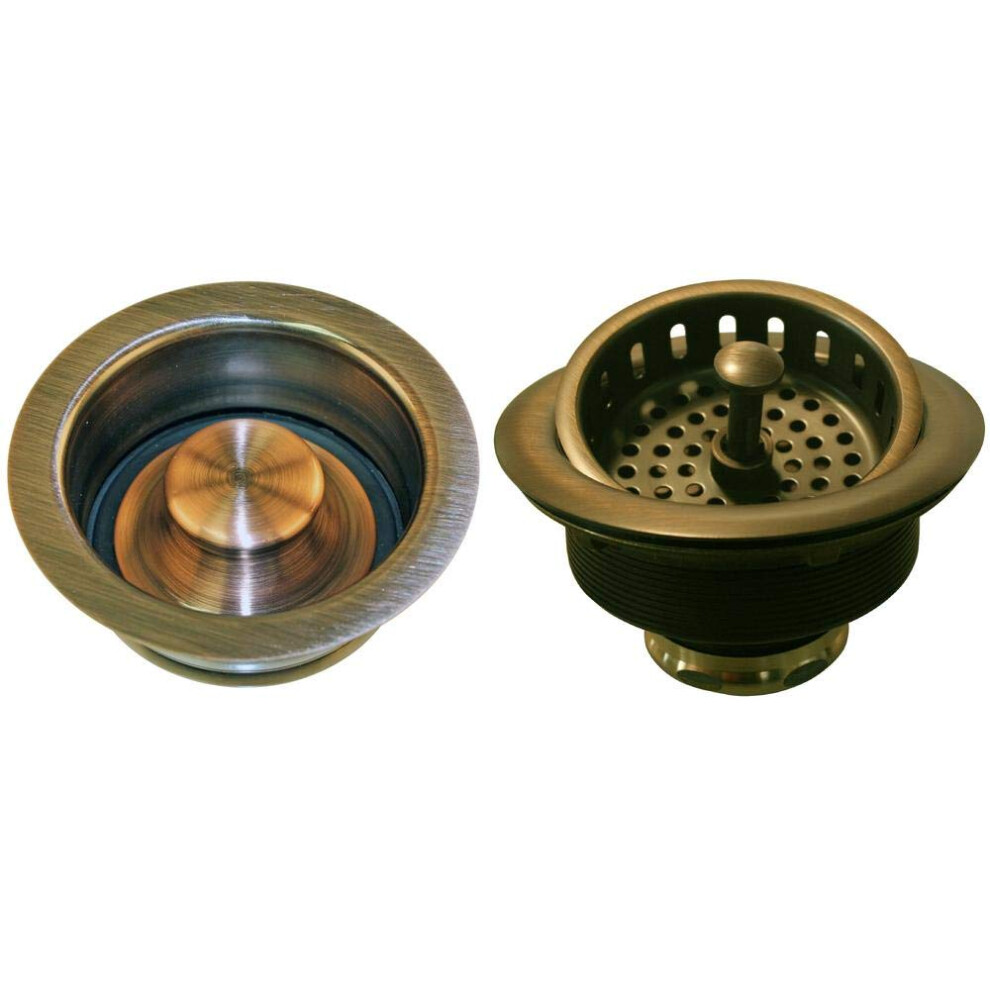 Westbrass D2165-11 Post Style Large Kitchen Basket Strainer With Waste Disposal Flange And Stopper Antique Copper 747028265119