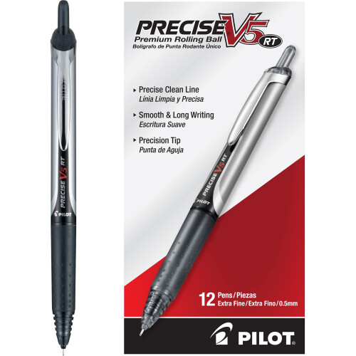 Pilot Pilot, Precise V5 RT Αναδιπλούμενα & Επαναγεμιζόμενα Στυλό, Extra Fine Point 0.5 mm, Μαύρο, Πακέτο 12