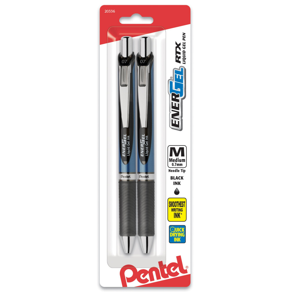 Pentel EnerGel Deluxe RTX Retractable Liquid Gel Pen  0.7mm  Needle Tip  Black Ink  2 pack (BLN77BP2A)