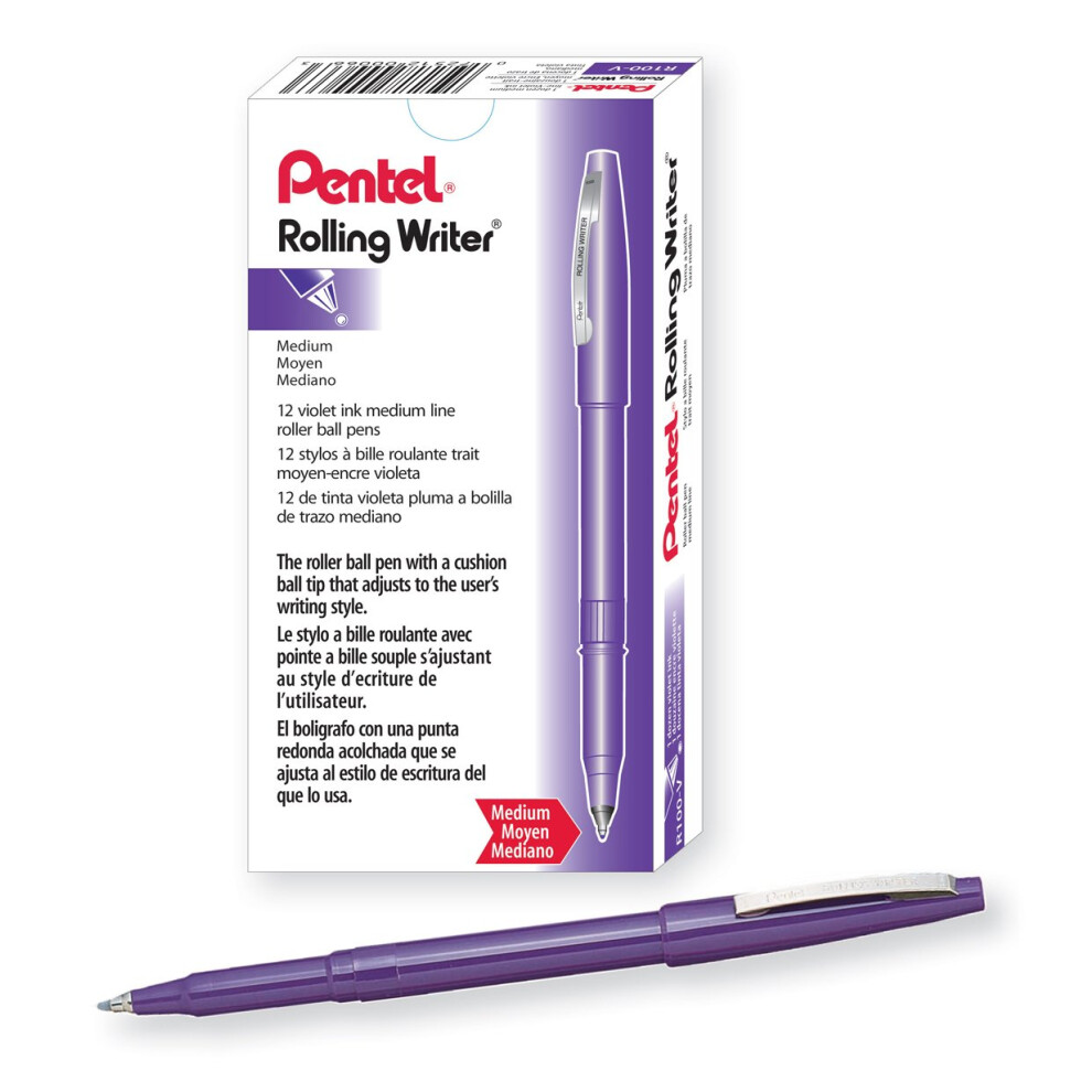 Pentel Rolling Writer Pen 0.4Millimeter Cushion Ball Tip Violet Ink Box Of 12 (R100-V)