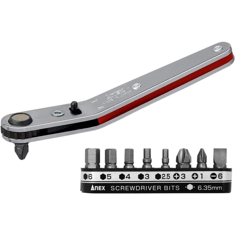ANEX Ultra Low Profile Offset Ratcheting Screwdriver and Hex Wrench 90 Degree For Tight Area (Magnetic 9 Bits Set) Upwards Angled Head  Red