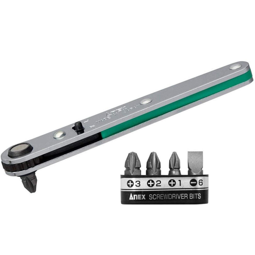 ANEX Ultra Low Profile Offset Ratcheting Screwdriver 90 Degree Angled For Tight Area (Magnetic 5 Bits Set) Straight Flathead  Green