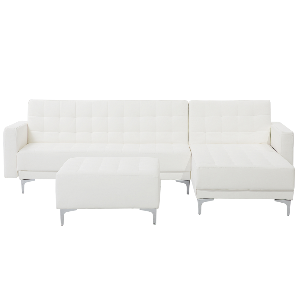 Left Hand Faux Leather Corner Sofa with Ottoman White ABERDEEN