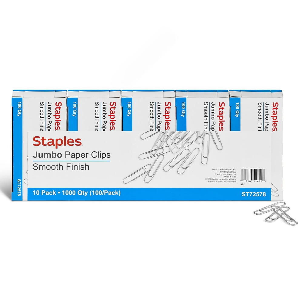 Staples 472506 Smooth Paper Clips Jumbo 100/Box 10 Boxes/Pack (A7026605/72578)