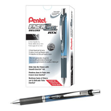 Pentel EnerGel Deluxe RTX intrekbare vloeibare gelpennen, fijne punt, 0,5 mm, 54% gerecyclede blauwe cilinder, zwarte inkt, verpakking van 12 pennen