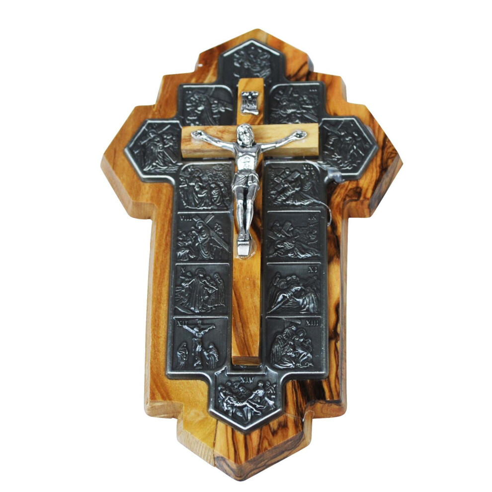 Kruzifix Aus Olivenholz Ikone Mit Den 14 Stationen Des Kreuzwegs, In Metall Ge Tzt (14 X 9 X 1 Cm Oder 5,5 X 3,5 X 0,4 Zoll)-image
