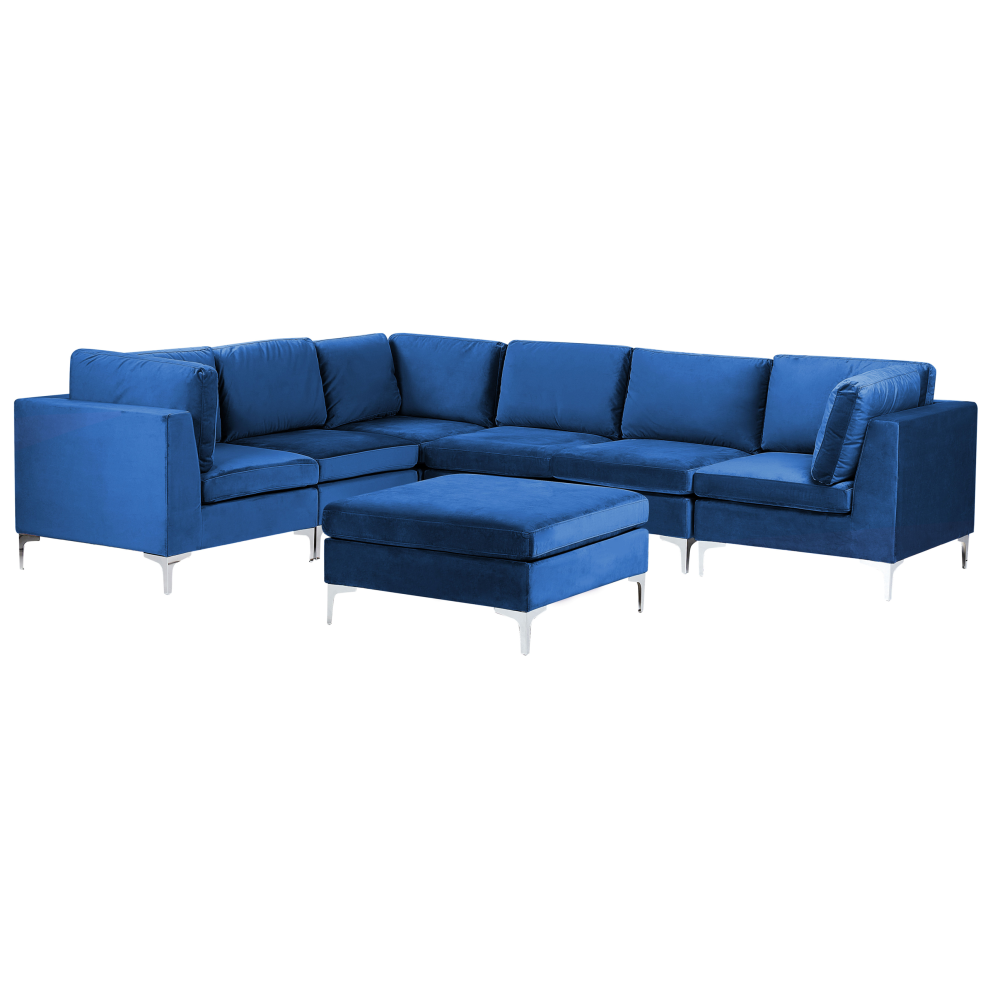 Modular Corner Sofa EVJA Velvet Navy Blue with Ottoman 6 Seater Right Hand